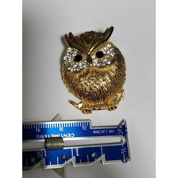 Adorable Owl Gold Tone Safety Pin Brooch With Rhinestone Black Onyx - Picture 5 of 7